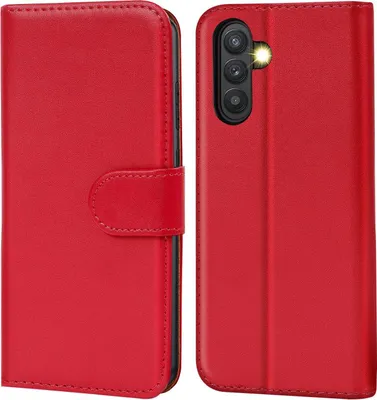 A red flip case for a smartphone is shown, with the phone partially visible inside.