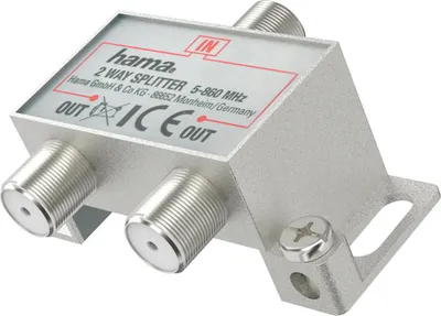 A silver 2-way cable splitter with labels indicating input and output.