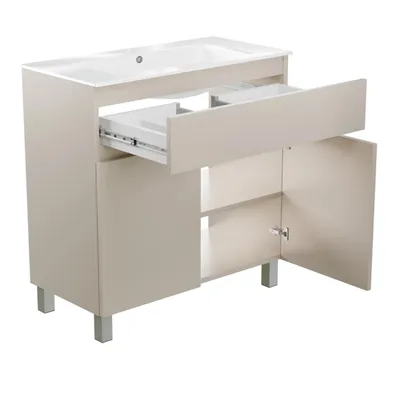 Produktbild von paplinskimoebel Badezimmermöbel Waschbeckenunterschrank + Waschbecken Matt Kaschmir - Holzkorpus Toilettenschrank Schublade Gästebad Türen Beine 80 cm