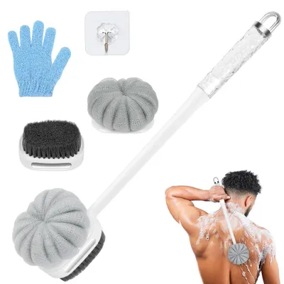 Image de Brosse pour le dos à long manche, brosse pour le corps en trois parties à double face, éponge exfoliante à long manche, brosse de douche pour gommage (blanche)