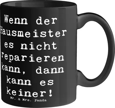 Produktbild von Mr. & Mrs. Panda Tasse Spruch Hausmeister Hilfe - Schwarz - Geschenk, Humor, Trinkbecher, Beruf, Pott, Berufsprodukte, harmonisches Miteinander, Handwerksprofi, Becher
