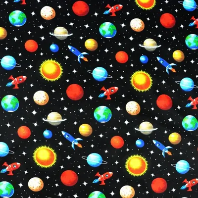 Produktbild von Baumwolle 100% bunte Planeten auf schwarzem Hintergrund