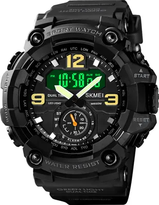 A close-up studio shot of a black digital sport watch.