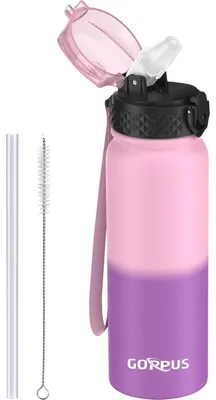 Image de Bouteille d'eau en acier inoxydable avec paille, 600 ml, rose violet, sans BPA, étanche, thermos