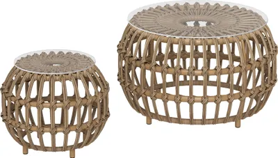 Zdjęcie produktu dla Outsunny zestaw 2 stolików bocznych z polirattanu Ø66/42 cm okrągłe, odporne na warunki atmosferyczne, brązowe