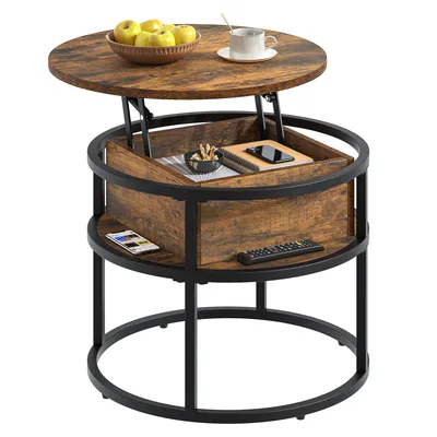 Produktbild von Couchtisch Runder Kaffeetisch höhenverstellbar, mit Hebeplatte und Stauraum, 60x60x47cm, Braun
