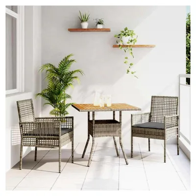 Produktbild von 3-teiliges Gartenset mit Kissen, Polyrattan Möbel grau, quadratischer Tisch, wetterfest für Balkon und Terrasse