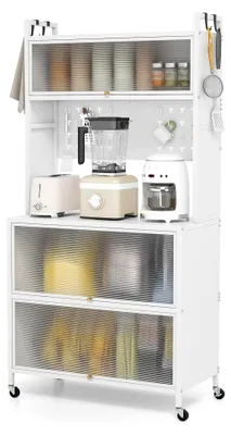 Produktbild von Hochschrank für die Küche, Küchenregal mit Rollen, Buffetschrank mit Klapptüren, Stecktafel, Haken und Kippschutz, Standregal, 80 x 40 x 160 cm (Weiß)