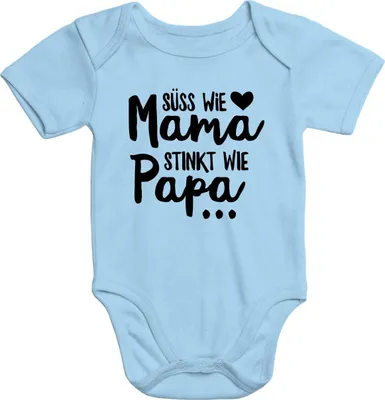 Produktbild von Kurzarm Baby-Body mit Aufdruck Süß wie Mama Stinkt wie Papa Spruch lustig Baumwolle Moonworks® hellblau 3-6 Monate