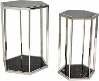 Produktbild von Casa Padrino Luxus Beistelltisch Set Silber / Schwarz - Edelstahl Tische mit Marmorplatten - Luxus Kollektion