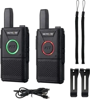 Obrázek produktu pro Retevis RT618 Dětská vysílačka, mini nouzová vysílačka bez licence, 16 kanálů VOX duální PTT ultratenká PMR radiostanice, dobíjecí USB nabíjecí kabel (1 pár, černý)