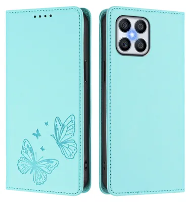 Produktbild von Lederhülle für Honor X8 4G, Schmetterling Prägung Leder Brieftasche Schutzhülle mit Ständer Türkis