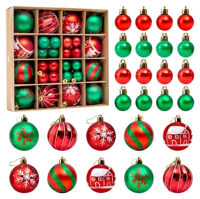Weihnachtskugeln 42er Set, unzerbrechlich, Kunststoff, 3/6 cm, rot-grün