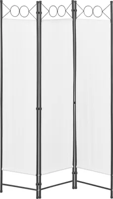 A three-panel room divider with white fabric screens and a black metal frame.