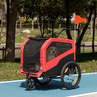 Produktbild von Hunde Fahrradanhänger & Buggy 2-in-1, Hundeanhänger, Oxford-Gewebe, Rot | 170 x 77 x 90 cm | bis 30 kg | Reflektoren + Fahne