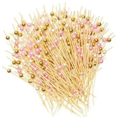 Image de Brochettes pour cocktails en bambou, 12 cm de long, avec perle en acrylique, lot de 300 pièces, 3 couleurs
