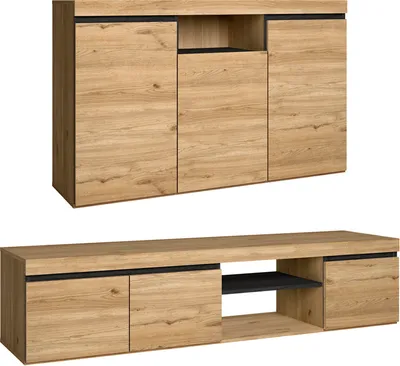 Produktbild von Set Naturale Wohnzimmer Esszimmer, Beistellmöbel, Buffet-TV-Schrank 160cm Eiche schwarz nordische