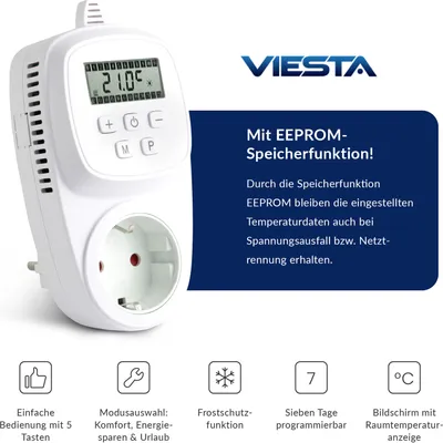 Produktbild von VIESTA® TH12 Steckdosenthermostat – 7-Tage-Programm, 230V/16A/3600W, 5–35 °C, LCD-Display, EEPROM, Frostschutz – für Heizpaneele & Infrarotheizungen