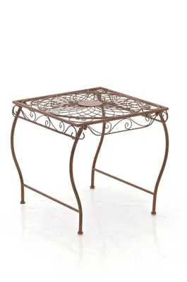 A square metal garden table with ornate detailing on a white background.