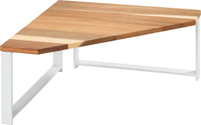 A triangular corner shelf with a wooden top and white metal legs, isolated on a white background.
