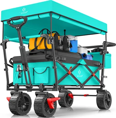 A teal folding wagon loaded with various items, including bags and a cooler, on a white background.