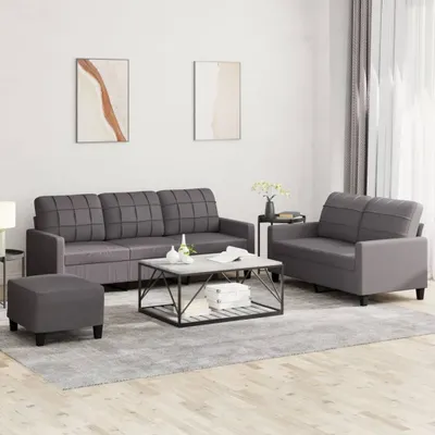 Produktbild von 3-tlg. Sofagarnitur mit Kissen Grau Kunstleder