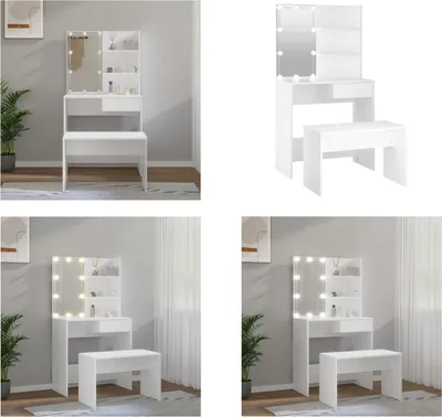 Image de vidaXL Ensemble de coiffeuse avec LED Blanc Bois composite - Ensemble de coiffeuse avec LED - Ensembles de coiffeuse avec LED - Ensemble de coiffeuse - Coiffeuse avec miroir