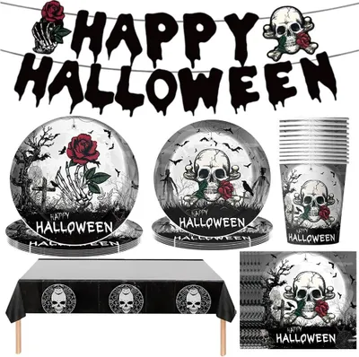 Immagine prodotto di Set di stoviglie a tema Halloween, 52 pezzi, in carta, per feste per bambini