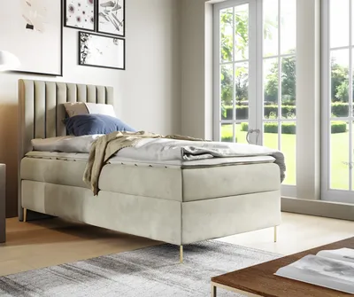 Produktbild von Sofello Boxspringbett 90 x 200cm mit Bettkasten TOPPER 5cm Gratis Beige Velour hohe goldene Beine