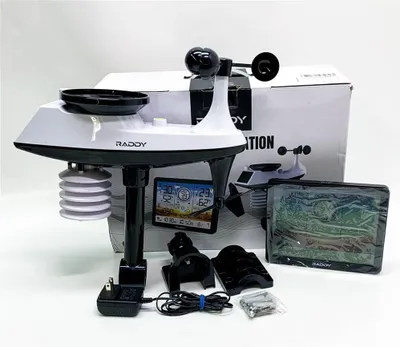 Image de Raddy AG7 Station météo sans fil avec capteur extérieur thermomètre hygromètre, écran numérique 7,4'' horloge radio DCF, température-humidité moniteur avec prévisions météo et baromètre