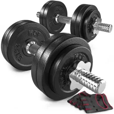 Obrázek produktu pro Sada 2 litinových činek Hop-Sport - Sada činek 30kg včetně tréninkových rukavic
