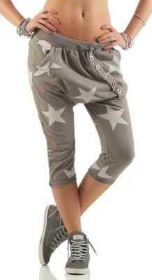 Produktbild von 167 Shirtella Damen Capri Hose Haremshose Ballonhose Pluderhose Pumphose Aladinhose Sommerhose Sternen Print Stern Muster pants 3/4 Khaki