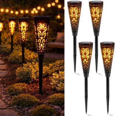 Produktbild von LUMILED 4er Set Solarleuchten Garten LED 2700K Warmweiß, IP44 Spritzwasserdicht, Gartenfackel Solar Flamme Wegeleuchte Solarlampe Außen, Dekolampe für Weg, Terrasse, Balkon, Rasen