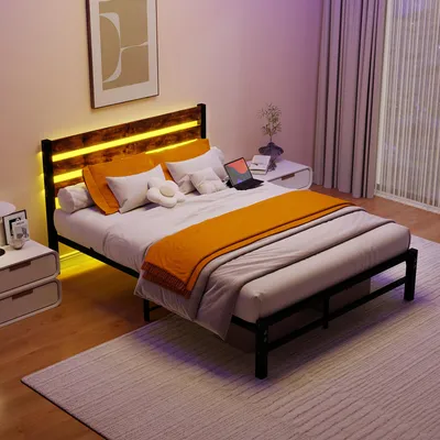 Obrázok produktu pre Postel pre deti Flieks, 140x200 cm, s nabíjacou stanicou USB, jednolôžková posteľ s čelom a kovovým rámom, detská posteľ s LED osvetlením a úložným priestorom, hnedá, kov
