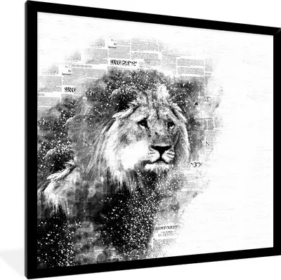 Produktbild von MuchoWow® Gerahmtes Poster Löwe - Zeitung - Schwarz - Weiß 40x40 cm - Poster mit Schwarzem Bilderrahmen Wandposter Rahmen Foto Bilder - Mit Rahmen - Wanddekoration Schlafzimmer