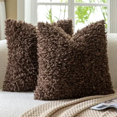 Obrázok produktu pre Sada dvoch obliečok na vankúše, 45x45 cm, čokoládovo hnedá, imitácia kožušiny, bouclé, sherpa fleece