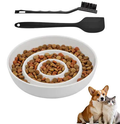 Produktbild von Antischlingnapf Keramik 1 Set Weiß mit Silikon-Schaber und Bürste für Hunde & Katzen