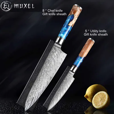 Zdjęcie produktu dla Zestaw noży ze stali nierdzewnej Damascus VG10 Zestaw zawiera nóż szefa kuchni i mały nóż do obierania