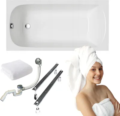 A collage of a bathtub, plumbing accessories, a folded towel, and a woman wrapped in a towel.