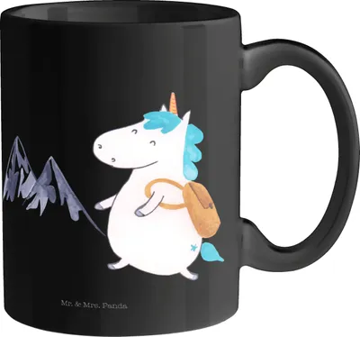 Produktbild von Mr. & Mrs. Panda Kaffeetasse Einhorn Bergsteiger - Schwarz - Geschenk, Abenteuer, Einhörner, Unicorn, Teetasse, Urlaub, Kaffeepott, Tasse, Weltreise, Becher