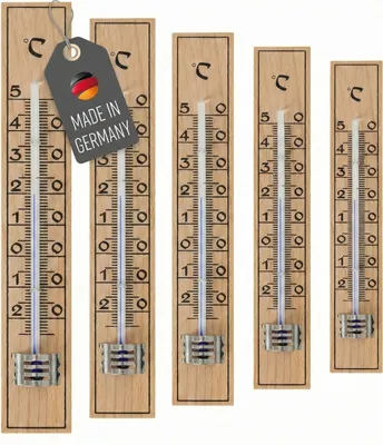 Produktbild von 5 Stück Holz Außenthermometer Set 17cm Temperatur -25 bis +50°C Analog Thermometer für Innen Zimmer Außen Garten aus Buchenholz Gartenthermometer
