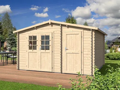 Produktbild von WOODTEX Naturbelassen 28 mm Gartenhaus Blockbohlenhaus, Aster 1 C Satteldach Zweiraumhaus, Fichte Blockbohlen, Doppelflügeltür, Profilzylinderschloss, Gerätehaus