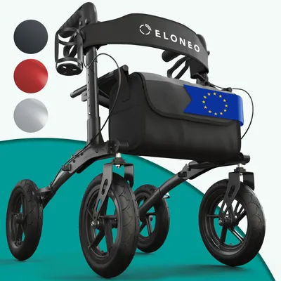 Image de ELONEO Déambulateur pliable avec siège, déambulateur Outdoor avec roues à air incl. siège, ceinture dorsale, aide à la marche réglable en hauteur en aluminium