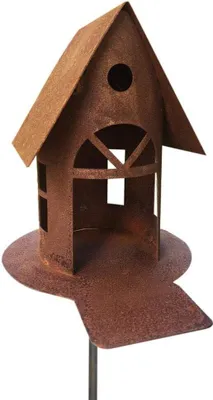 Produktbild von Vogelhaus mit Steg zum Beleuchten H19cm + Stab Gartenstecker Edelrost Windlicht Teelicht Futterhaus Edelrost Gartendeko Metall Rost