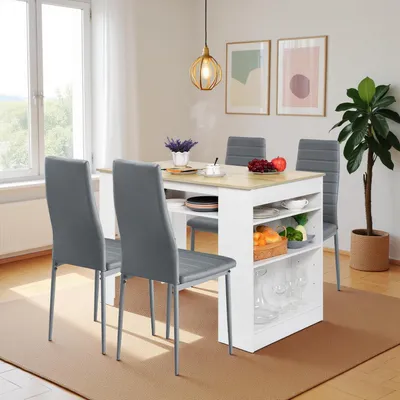 Image de Ensemble de table et de 4 chaises avec prises USB intégrées, finition blanc chêne/gris, dimensions : 111 cm