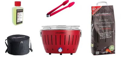 A collection of barbecue accessories, including a red grill, charcoal bag, tongs, and a bottle of liquid.