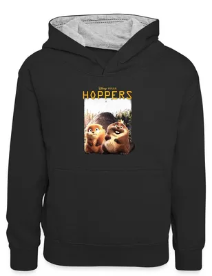 Produktbild von Spreadshirt Hoppers King George Mit Mabel Beaver & Schriftzug Kinder Kontrast-Hoodie, XS (3/4 years), Schwarz/Grau meliert