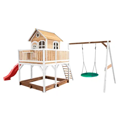 Produktbild von AXI Spielhaus Liam mit Sandkasten, Nestschaukel & roter Rutsche | Stelzenhaus XXL in Braun & Weiß aus Holz für Kinder | Spielturm mit Wellenrutsche & Schaukel für den Garten