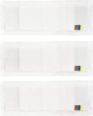 Three white microfiber mop heads are laid out horizontally against a white background.