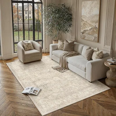Zdjęcie produktu dla Dywan vintage 120x170 cm, beżowy, krótkie włosie, antypoślizgowy, można prać w pralce, do salonu